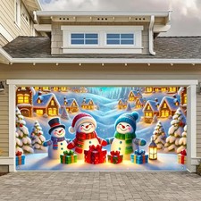 Christmas Garage Door Banner 13x6ft Snowman Family Winter Village Scene Holid...