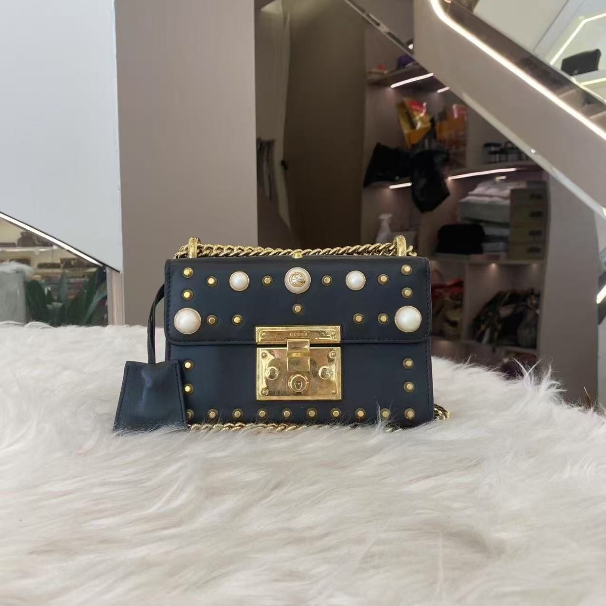 Gucci Padlock Small Shoulder Bag Black Leather Pearl Studs Gold