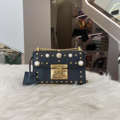 Gucci Padlock Small Shoulder Bag Black Leather Pearl Studs Gold