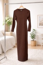 Brown Knit Long Sleeve Maxi Dress Round Neck Pullover Casual Fall Winter Solid