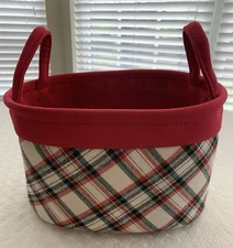 Fabric Red Black White Plaid Basket Stand Up Lined Sturdy Double Handled