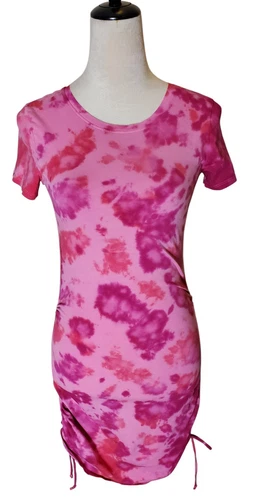 UNDERCOVER Victoria Secret ROSA Mini Abito Rosa Tie Dye Scrunch Cravatta Laterali Manica Corta TgXS