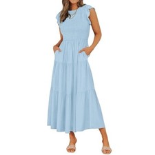 Zesica Women's Smocked Ruffle Sleeve Midi Dress Light Blue Size Large