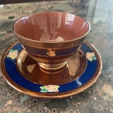Sarreguemines PV  Copper Luster Majolica 6.25 Plate and Cup or Small Bowl