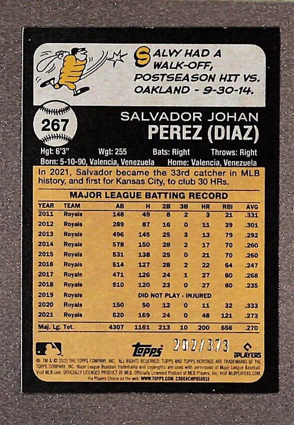 2022 Topps Heritage Silver Refractor #267 Salvador Perez /373 - Royals - Image 2 of 3