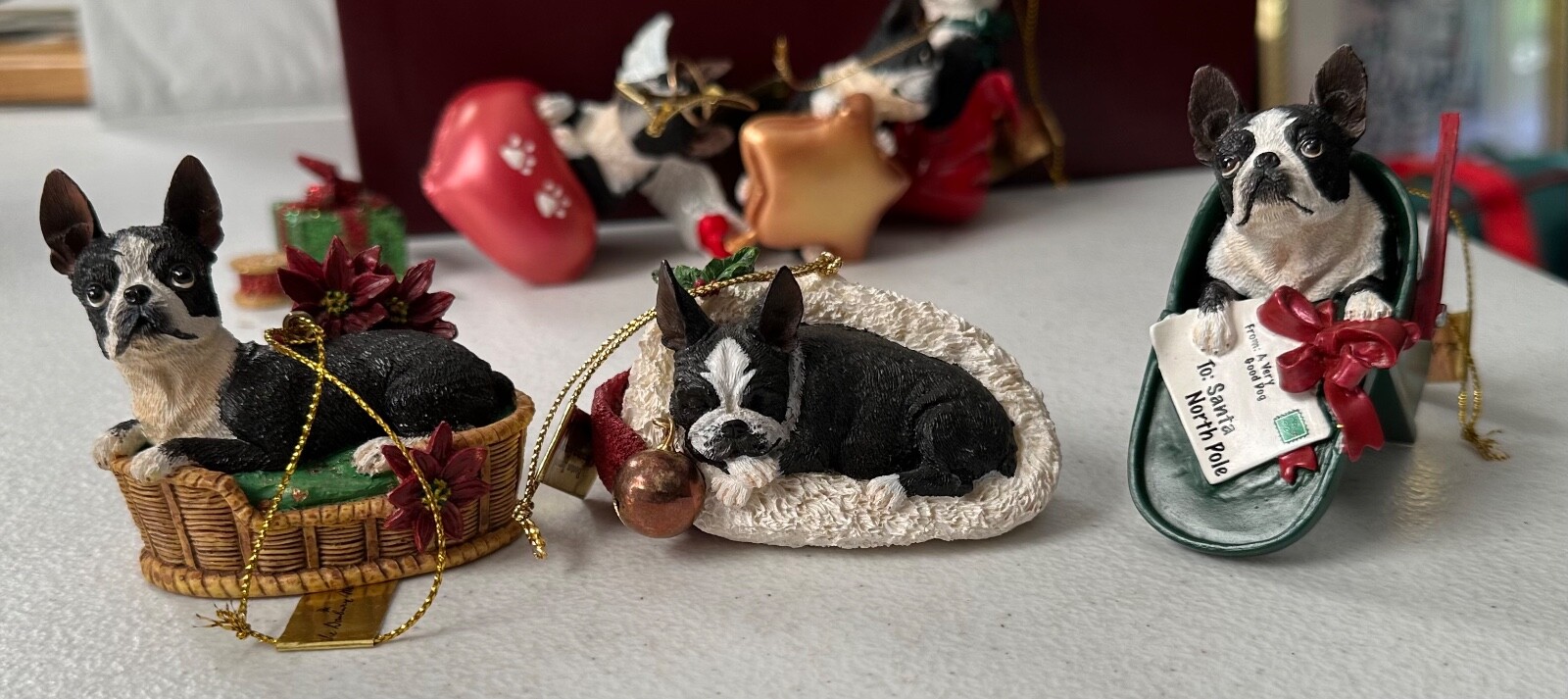 Collection 12 Danbury Mint Boston Terrier Dog Christmas Ornaments w