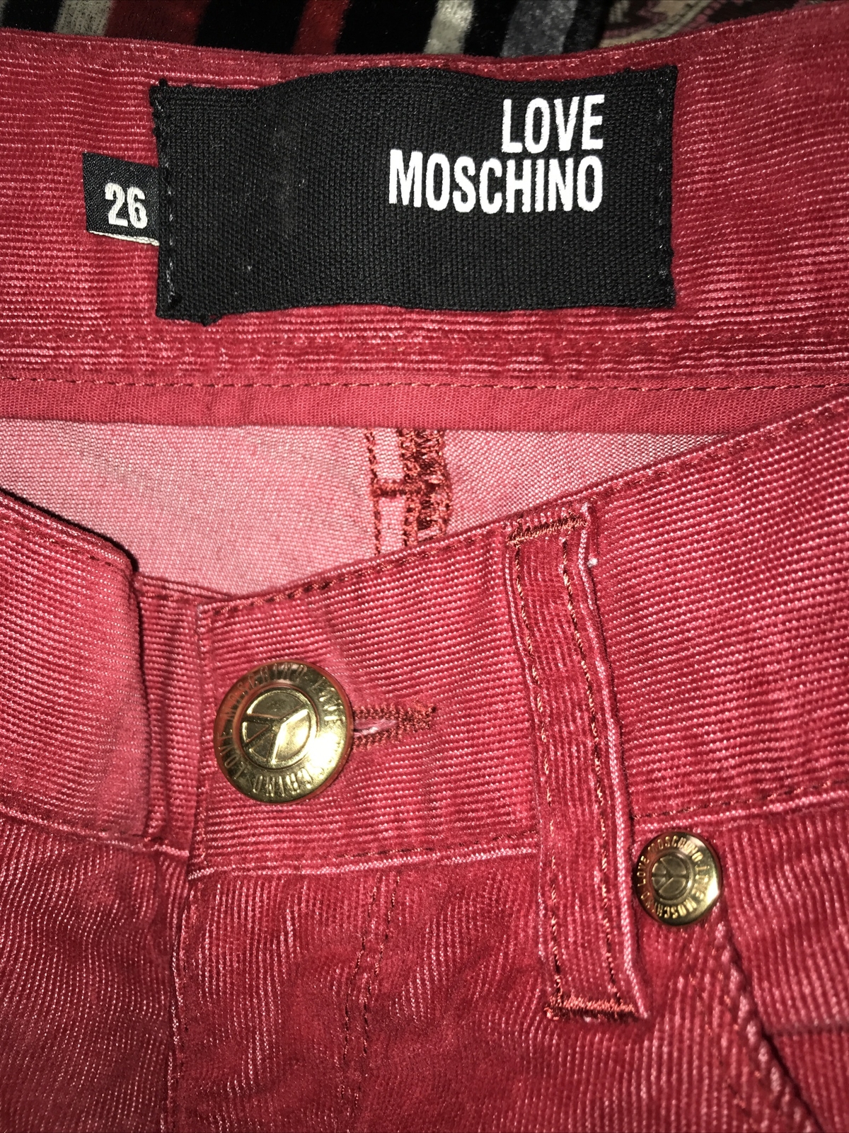 1990s VLove Moschino Red Velvet/Fine Needlecord Jeans,  Size 26, Inside Leg 32" 2