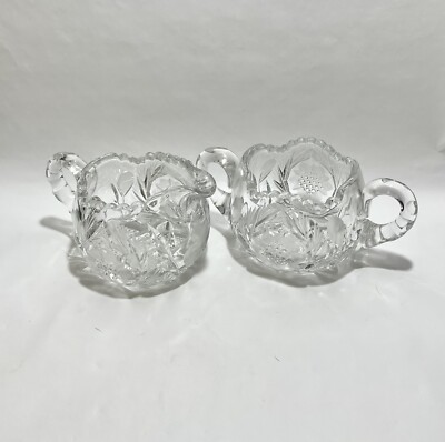 Sugar & Creamer American Brilliant  Sawtooth Floral Etched Cut Glass