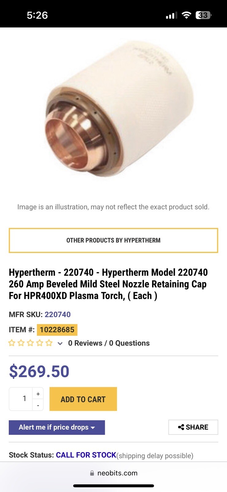 Hypertherm 220740 Cap HPR400XD 260A Bevel Nozzle Retaining Ms | eBay
