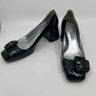 靴 PRADA Leather Low Heels 37 Prada Black Patent Leather Slip On Heels 37.5 Buckle Italy | eBay