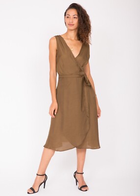 Satin Wrap Midi Dress With Side Split Bronze Tie Up On The Hip