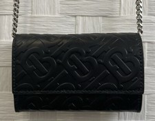 BURBERRY Leather Embossed Monogram Card Case on Chain Black Made In Italy
