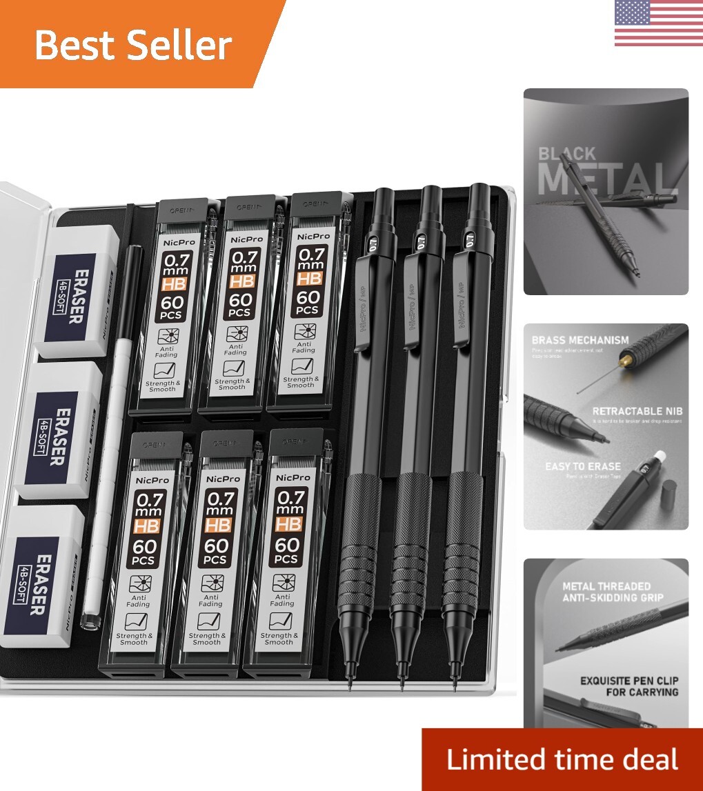 Mechanical Pencils Set - 3 Metal Artist Pencils with 6 HB Lead Refills & Erasers-image