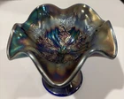 Fenton Cobalt Blue Iridescent Rib & Holly Carnival Glass Compote.