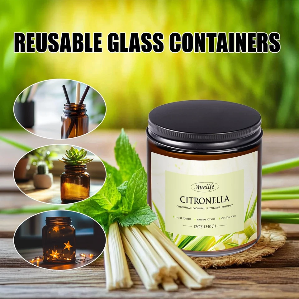 Auelife 12oz Citronella Candle 3 Wick Soy Wax Long Lasting Outdoor Indoor - Image 4 of 4