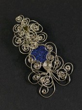 Artisan Handmade Wire Wrapped Stone Pendant Blue Glitter Silver Tone Curly Coils