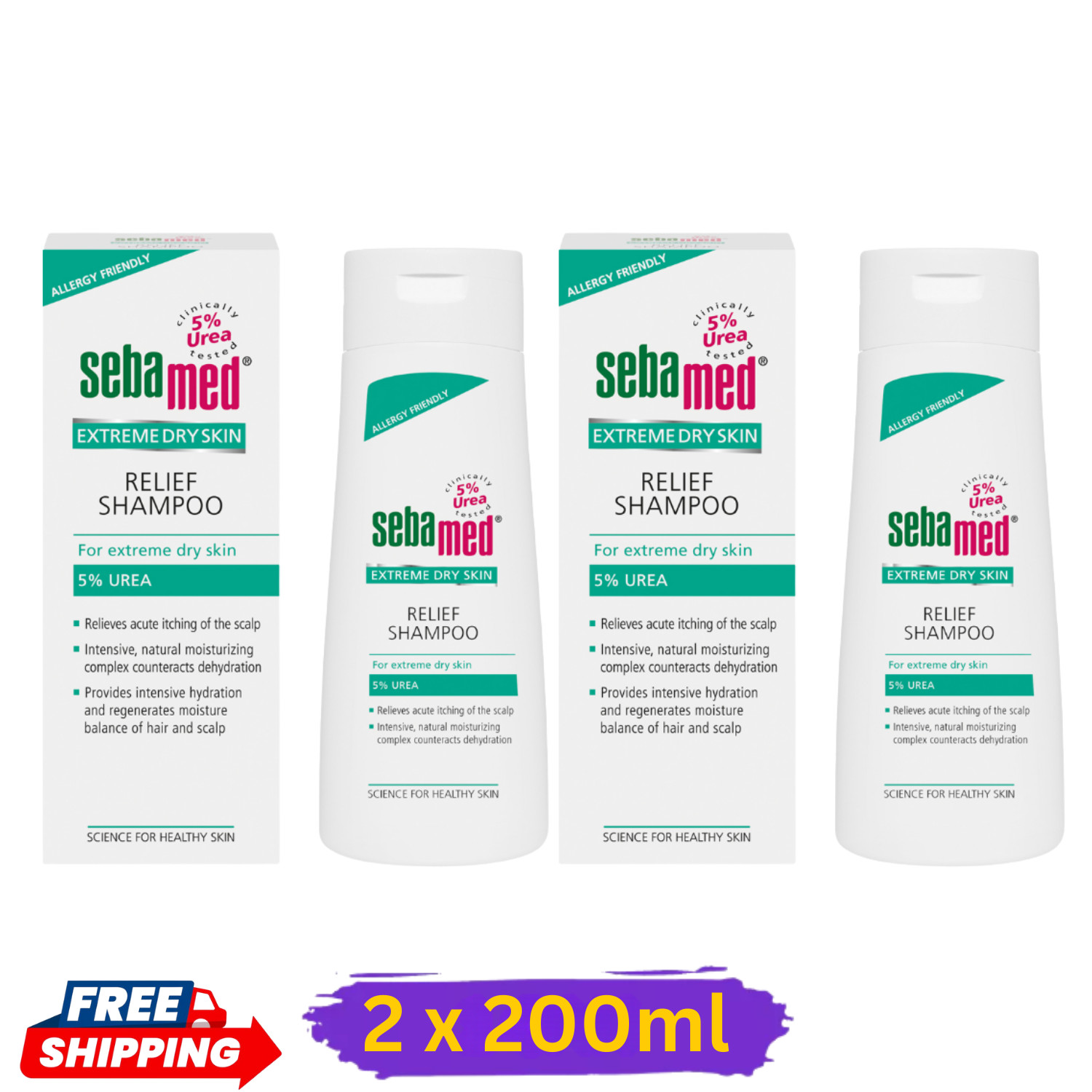 2 X Sebamed Relief Shampoo Extreme Dry Skin 200ml Very Dry Scalp 5% Urea , FREE