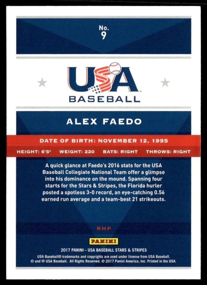 2017 Panini Stars and Stripes Alex Faedo USA #9 - Image 2 of 2