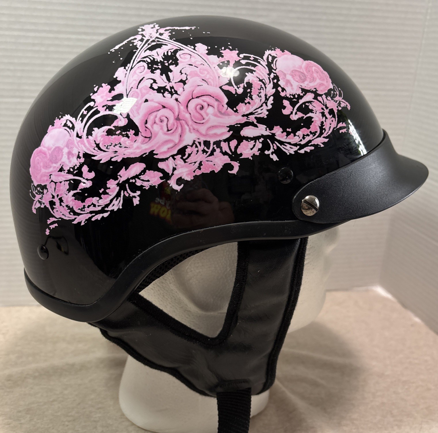 HCI 100 DOT Black / Pink Flowers Motorcycle Half Helmet Wome