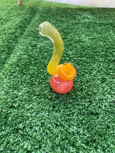 Hand Blown Glass Sherlock Bubbler Pipe - Red, Orange, and Yellow