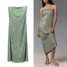 NWT Anthropologie The Fleur Strapless Sequin Satin Maxi Slip Dress Green Large
