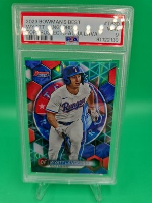 2023 Bowman’s Best Wyatt Langford Top Prospects Aqua Lava /199 PSA 10 Rangers