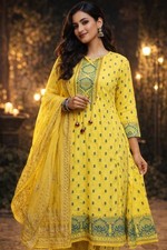 Women's Rayon Anarkali Kurti Set Indian Wedding Kurta Pant Dupatta Set XL New