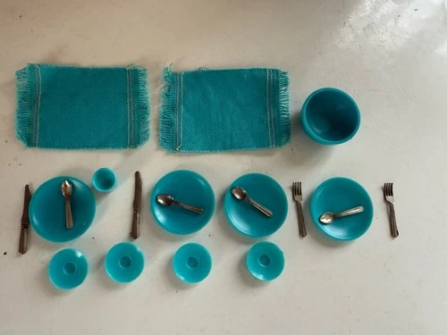 Vintage Barbie Hostess Set 1034 Placemats Silverware Turquoise Blue Dishes