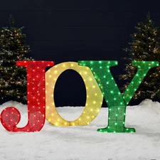 3-Piece Christmas Joy Yard Decoration, 32In 3D Lighted Outdoor Holiday Décor W/ 
