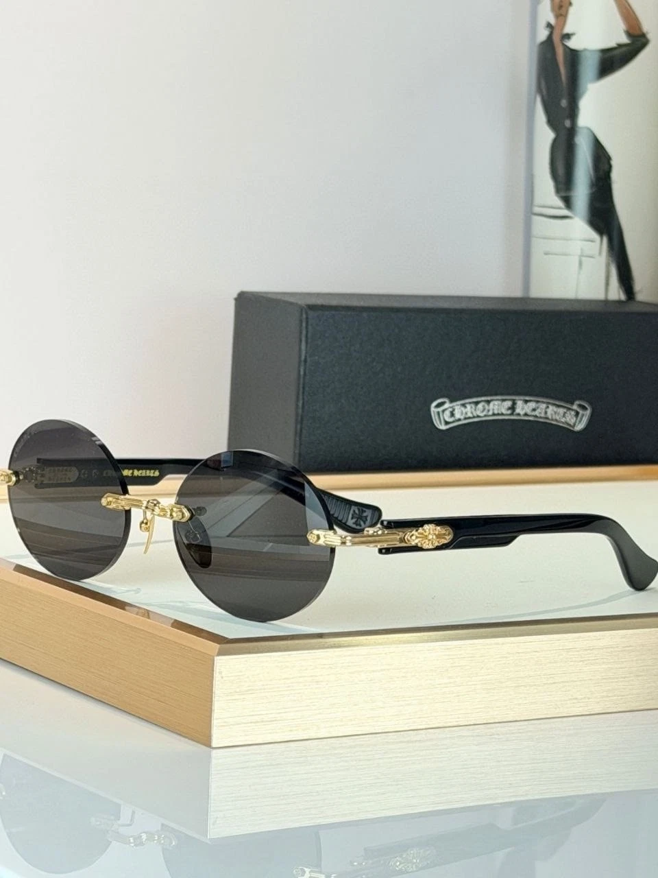 Chrome Hearts Round Rimless Sunglasses Black Gold Luxury Designer Eyewear Unisex