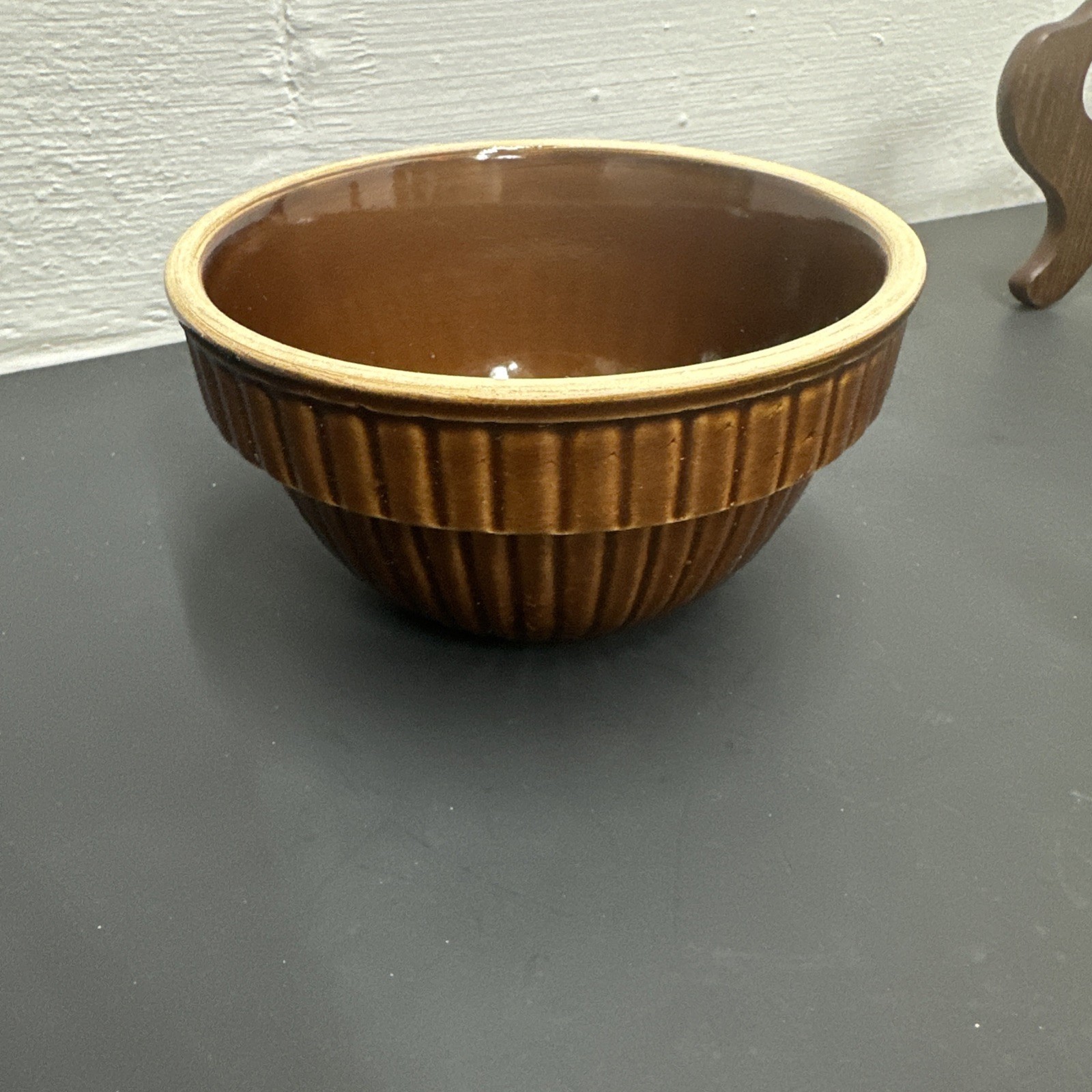 Vintage Over and Back Yellow Ware Brown Glaze Stacking Small Mixing Bowl