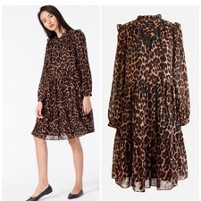 JCrew Tie-neck tiered dress in leopard crinkle chiffon size S relaxed fit
