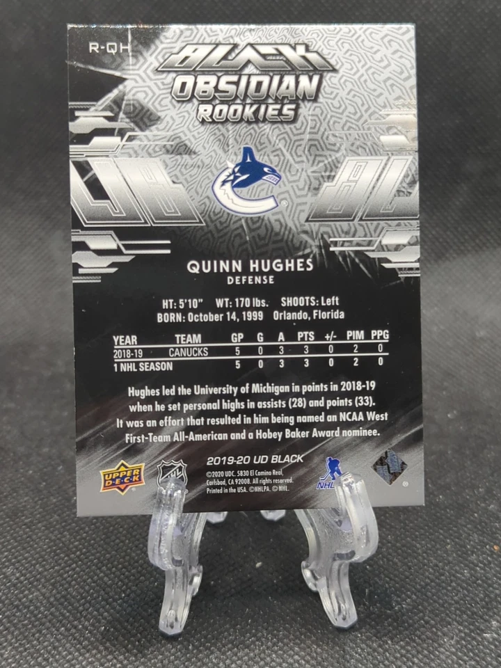 2019-20 SPx UD Black Obsidian Rookies /299 Quinn Hughes #R-QH RC Canucks - Image 2 of 2