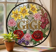 Personalized Floral Stained Glass Suncatcher, Custom Flower Window Hanging Decor