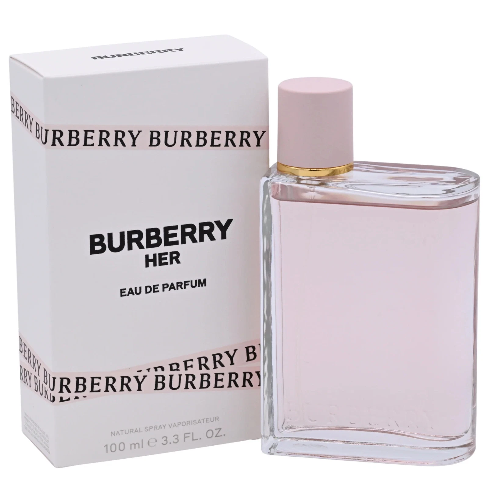 White rectangular box with pink liquid BURBERRY HER perfume bottle, labeled “Natural Spray Vaporisateur” 3.3 / 3.4 oz.