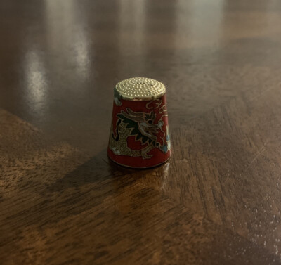 Metal & Enamel Vintage Thimble with Bright Red Background & Chinese Dragon Theme