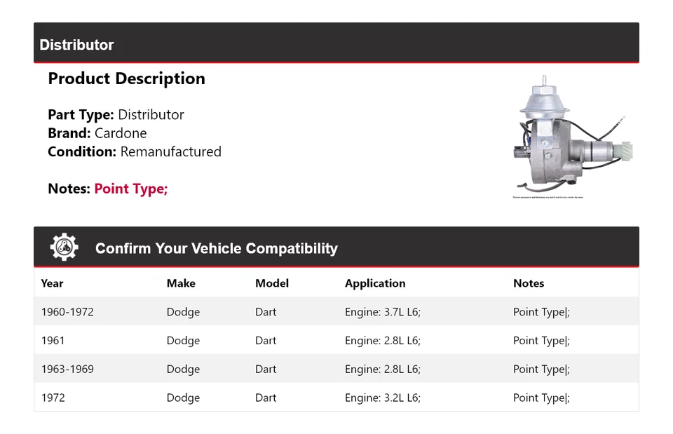 For 1960-1972 Dodge Dart Distributor Cardone 1961 1962 1963 1964 1965 1966 1967 - Image 2 of 4