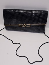 Vintage 80s Black Metal Mesh Evening Clutch Purse Gold Bar Clasp Art Deco