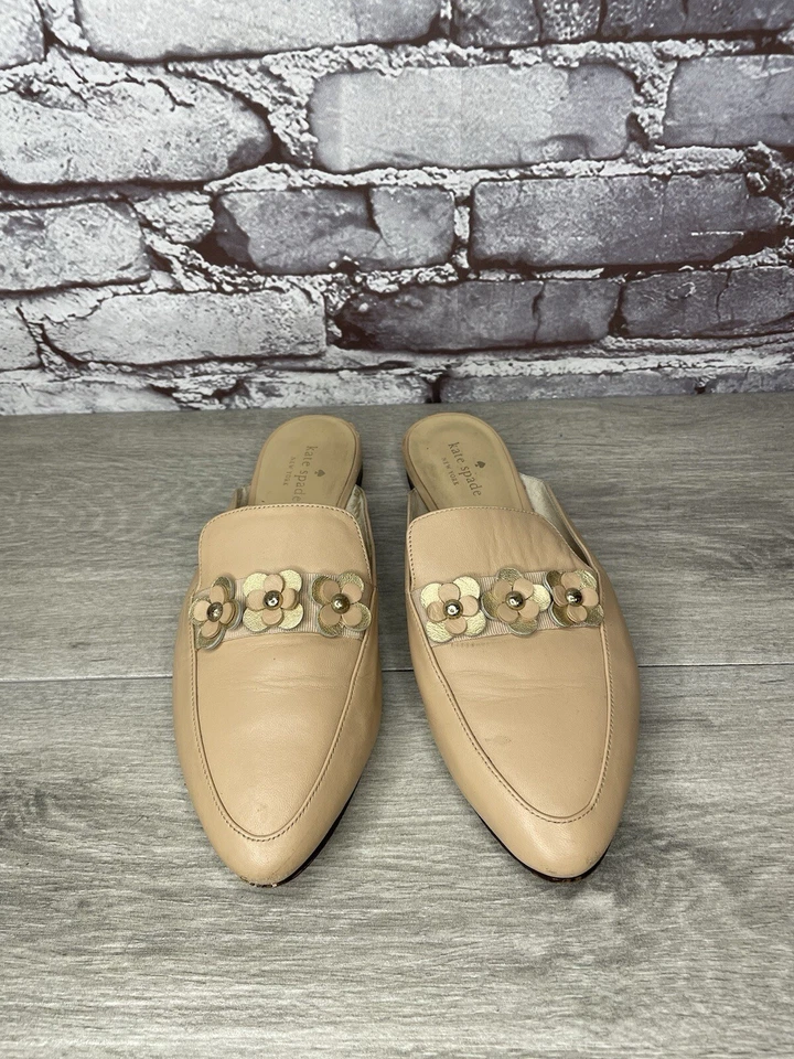Kate Spade Zapatos Mules Punta Cuero Rosa Desnudo Acento Floral Mujer 8M US/39EU Foto 2 de 4