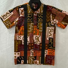 African Print Shirt Mens M Brown Short Sleeve Button Up High Collar Front Stripe