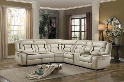 NEW Beige Leather Gel Power Reclining Sectional Cupholders/Console Storage/USB
