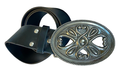 BLACK FAUX LEATHER BELT, 4x3 ORNATE SILVER OVAL PRONG BUCKLE  display picture 1