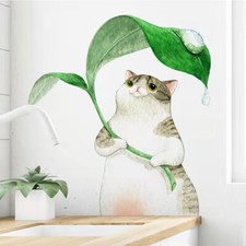 Cute Animal Wall stickers Creative Cat Holds Leaves Decal Girl Room Mural Gift