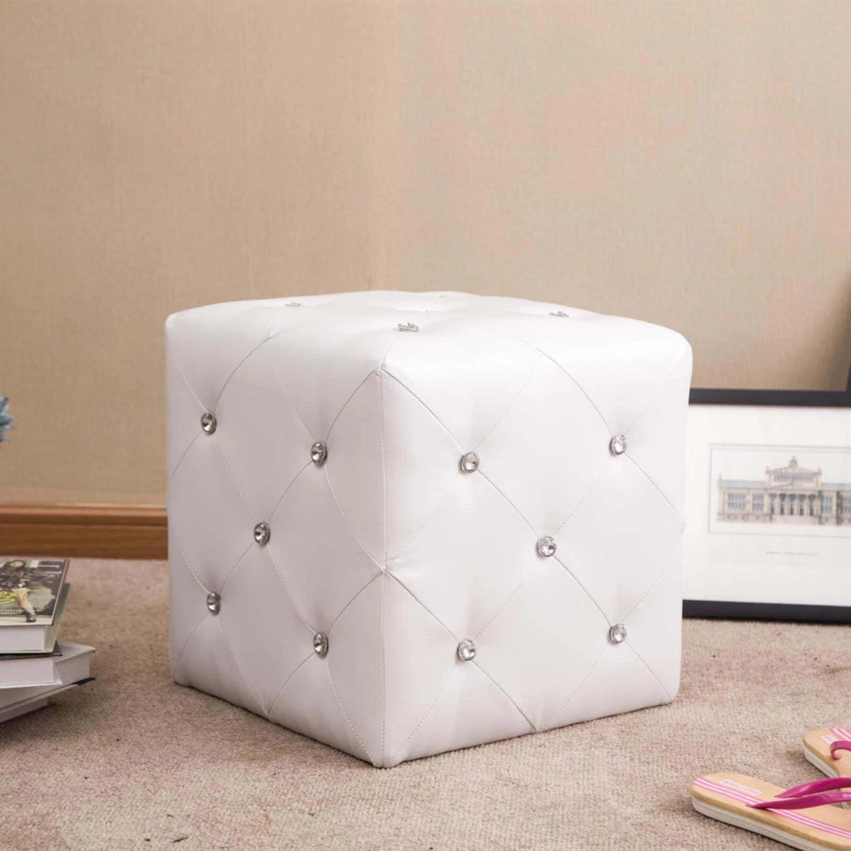 Ottoman Faux Leather Stool Pouf Footrest Tufted Square White Cubed Accents - Image 3 of 4