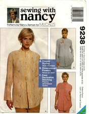 McCall 9238 Mandarin Tops Misses Sewing with Nancy Pattern Uncut Size 8-22