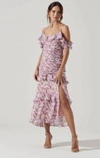 ASTR The Label Daisy Dell Off The Shoulder Ruffle Midi Dress XS Pink Floral