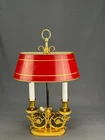 VTG French Empire Bouillotte Gilt Two-Arm Table Lamp Red Tole Metal Shade