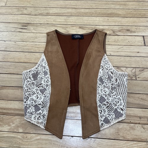 Cider Western Top Vest Women L Lacey Micro Suede Brown Fairy Boho Chic Cowgirl