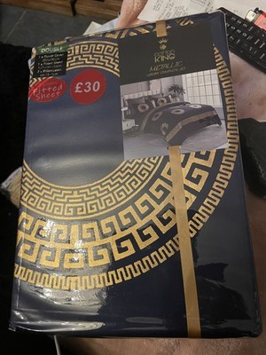 Doppel Bettbezug Set inkl. SPANNBETTLAKEN Neu im Paket Navy / Gold 