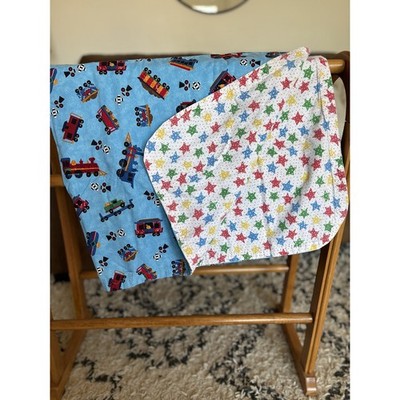 Vintage Y2K 90s Boy Handmade Baby/Toddler Blanket Quilt Blue Train Railroad Star